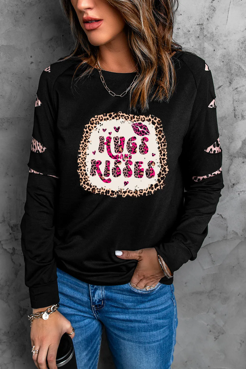 Black HUGS and KISSES Leopard Print Cut Out Sleeve Sweatshirt