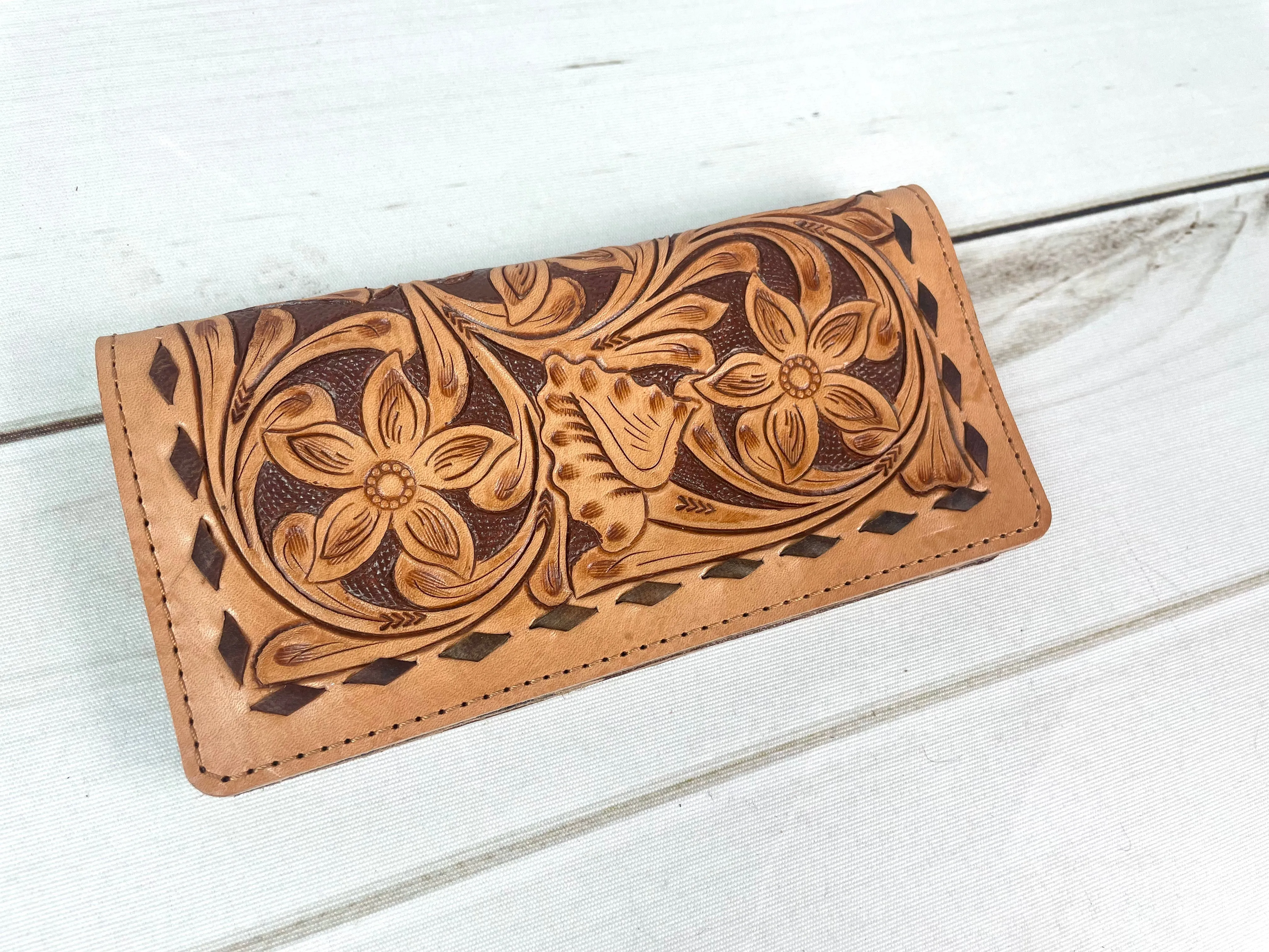 Brown Buckstitch Floral Tooled Wallet