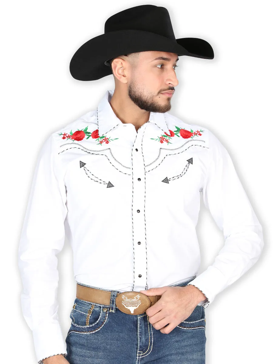 Camisa Vaquera Manga Larga Bordada Floral Blanco para Hombre 'El General' - ID: 44914