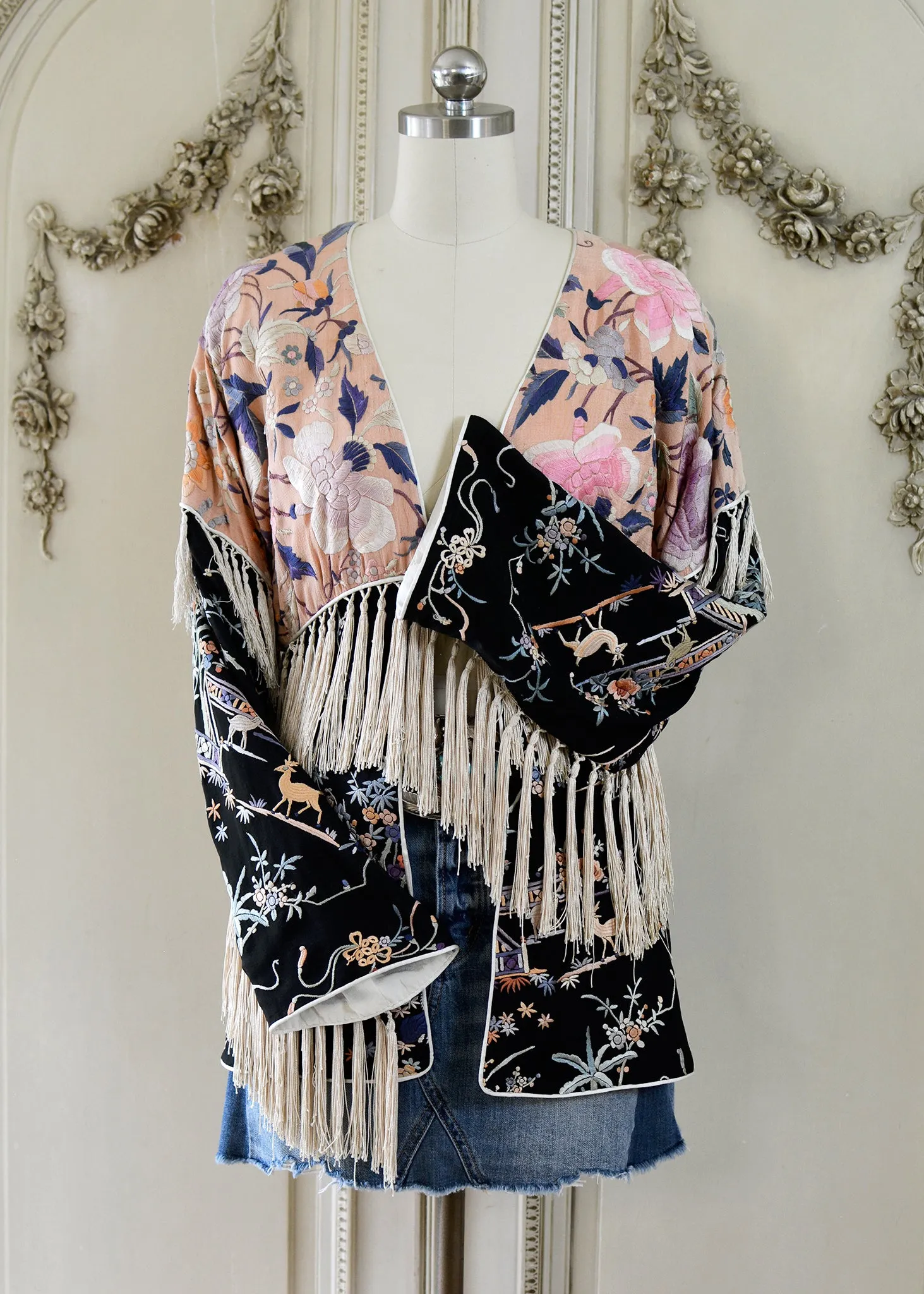 Cate Antique Hand Embroidered Silk Crepe Jacket Silk Tassel Fringes - Black & Peach