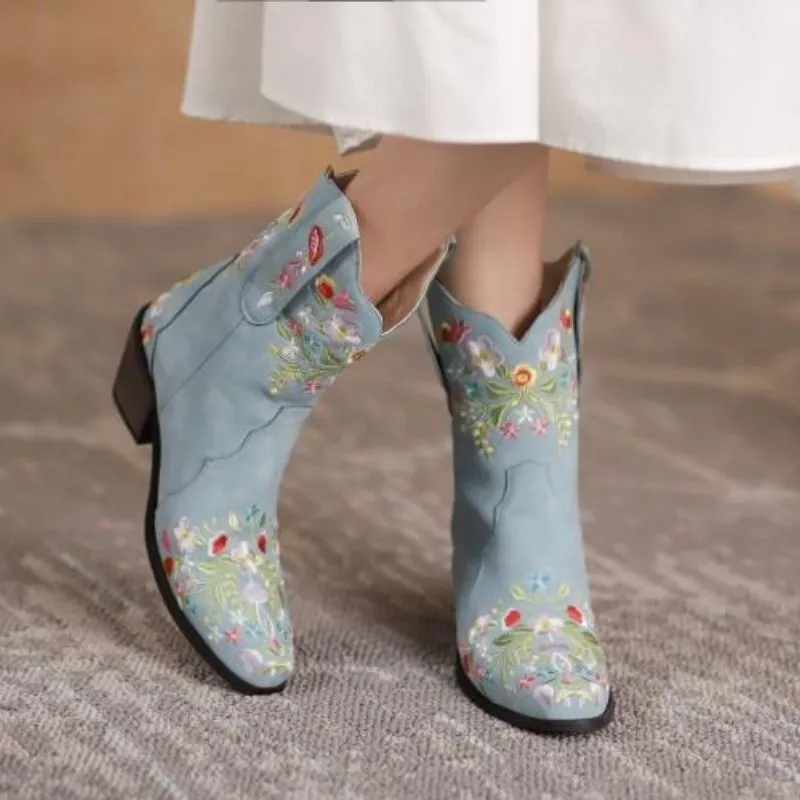 Customized Floral Embroidered Western Ankle Boots
