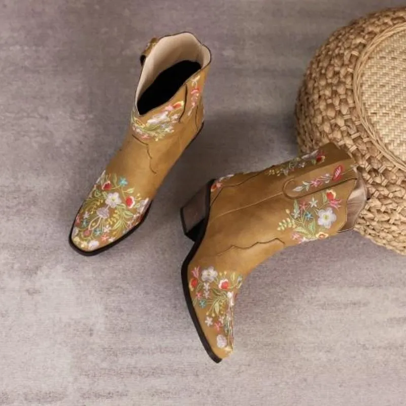 Customized Floral Embroidered Western Ankle Boots