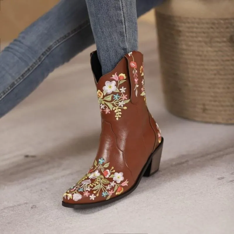 Customized Floral Embroidered Western Ankle Boots