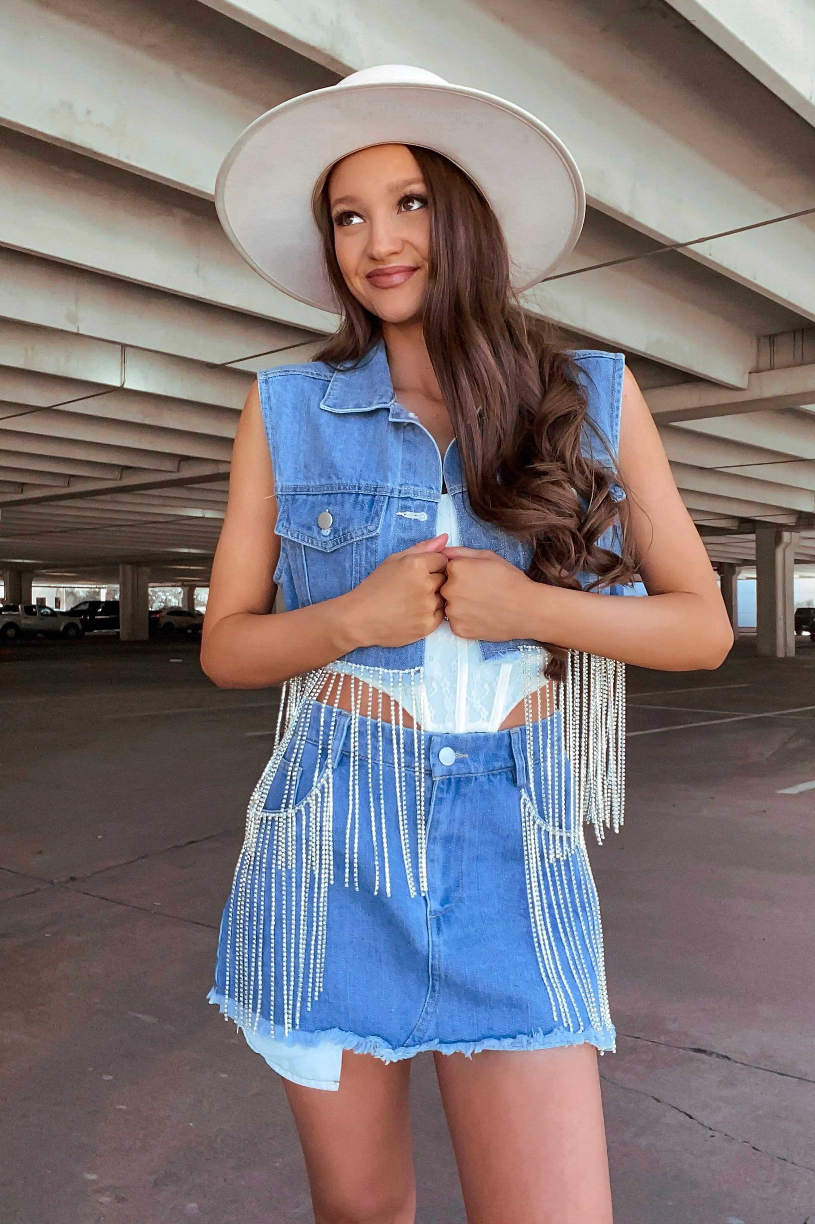 Denim Edge Rhinestone Skirt