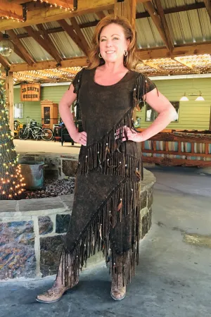 Distressed Brown Criss Cross Fringe Skirt