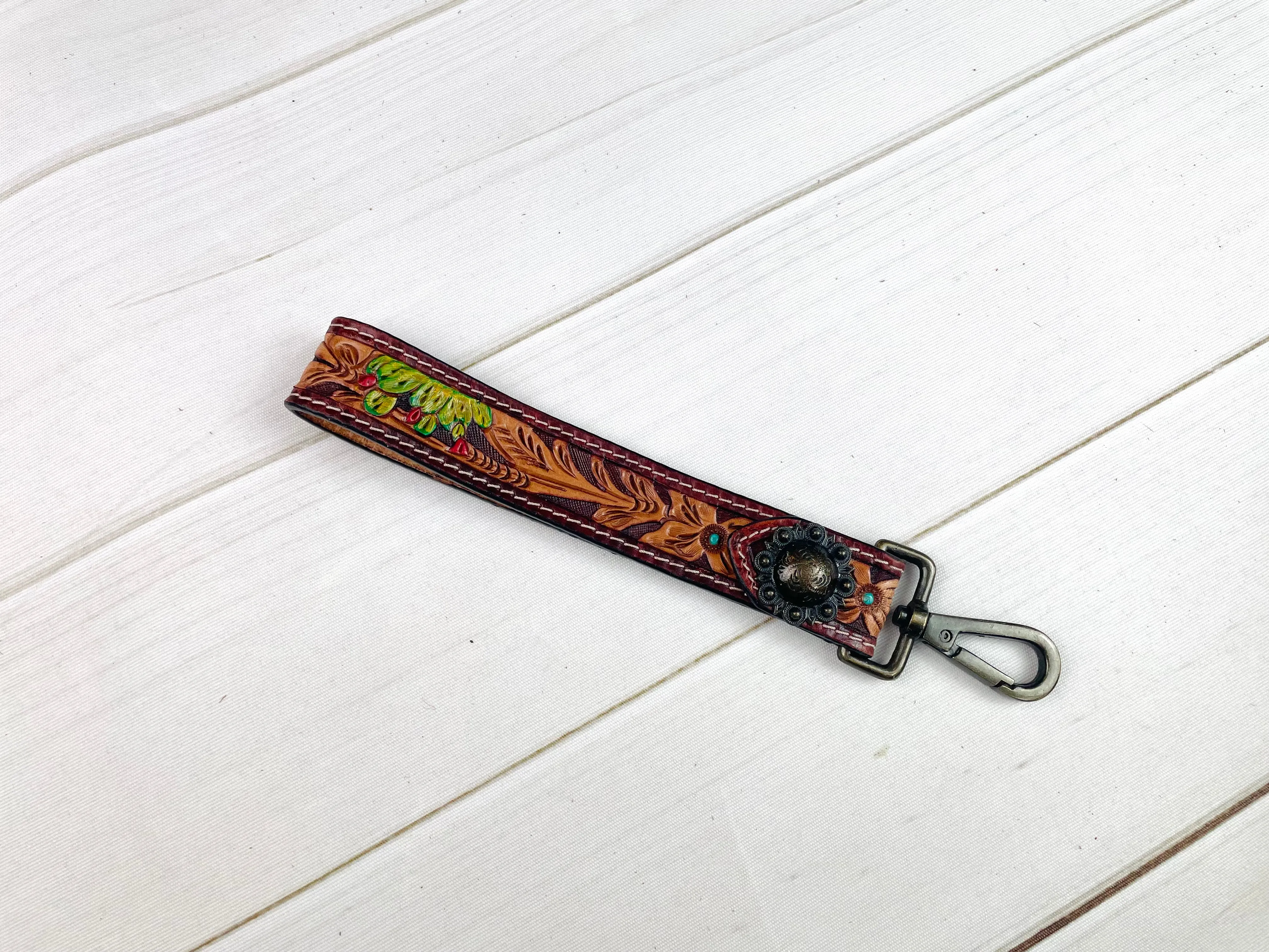 Floral & Cactus Bloom Tooled Wristlet Leather Keychain