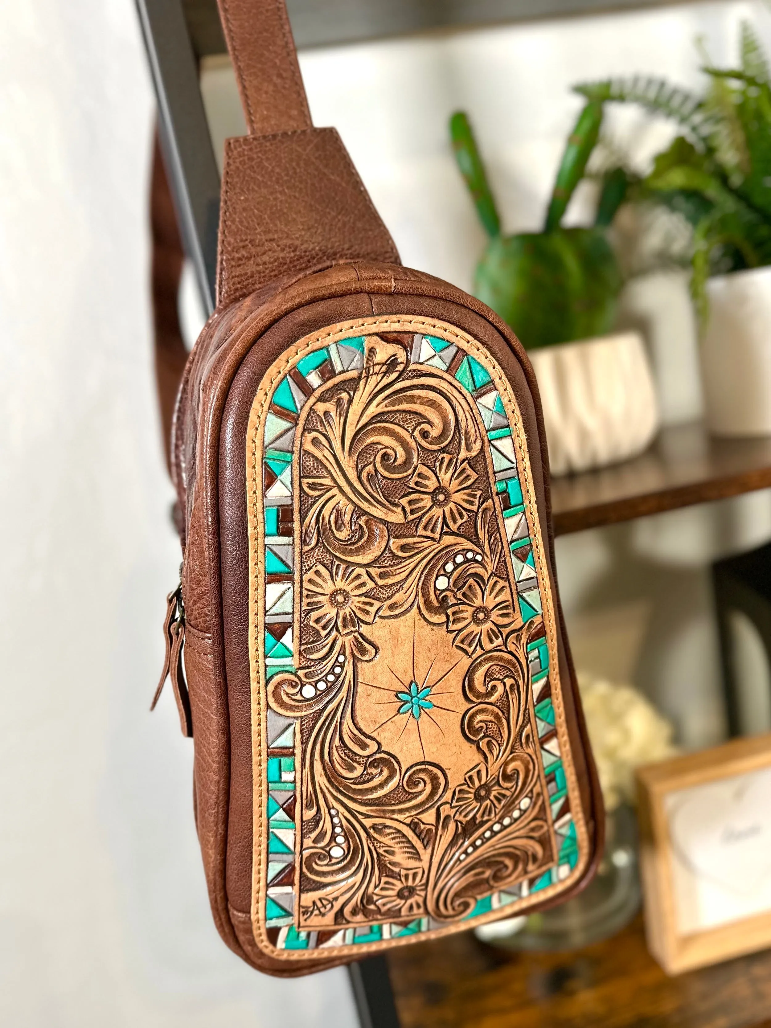 Leather Tooled Turquoise Border Western Sling Bag