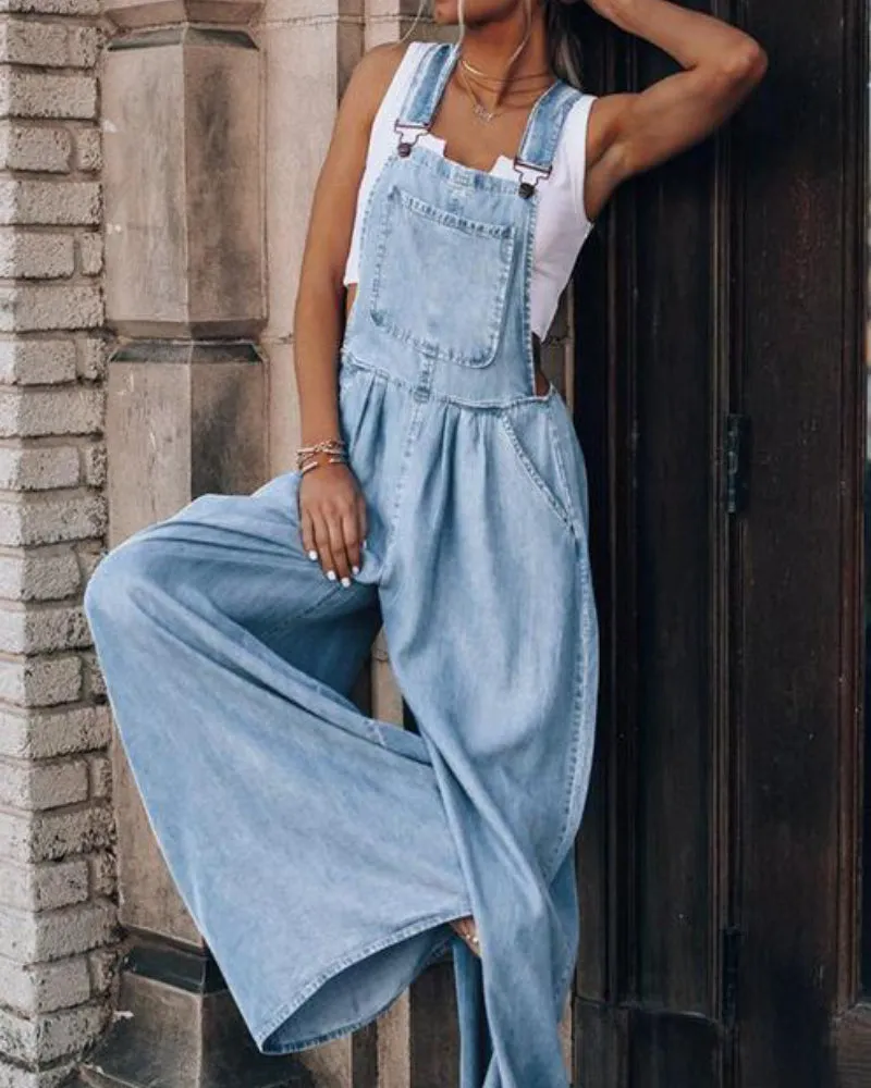 Loose Denim Pockets Strap Elastic Waist Overalls Jumpsuits