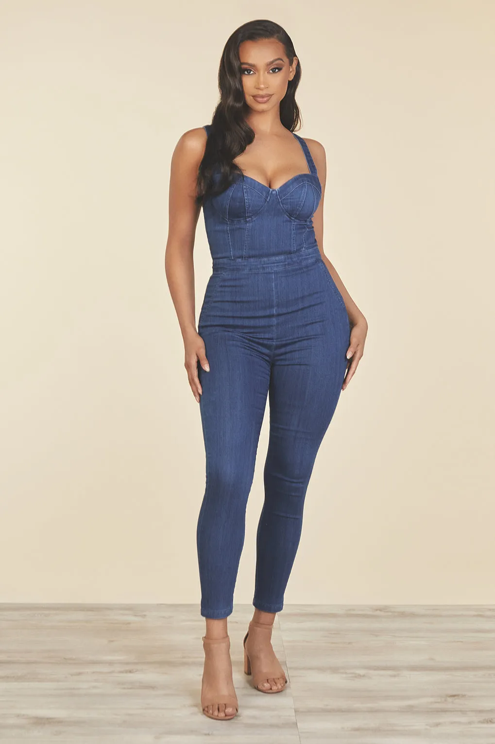 Maria Medium Wash Bustier Skinny Denim Jumpsuit