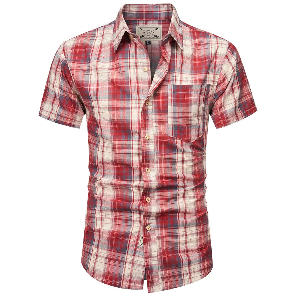 Men's Short Sleeve Checked Cotton Shirt - Green / Brown