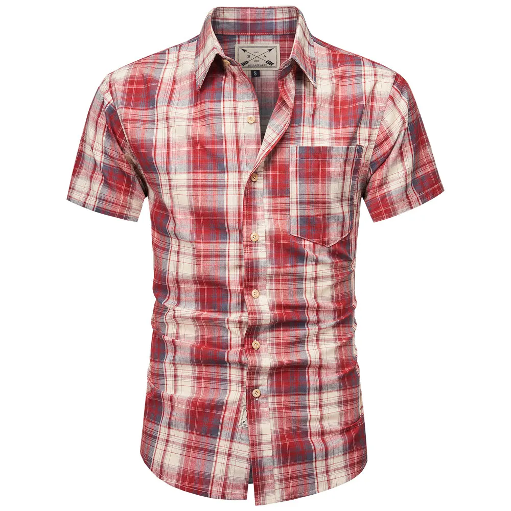 Men's Short Sleeve Checked Cotton Shirt - Red / Ecru