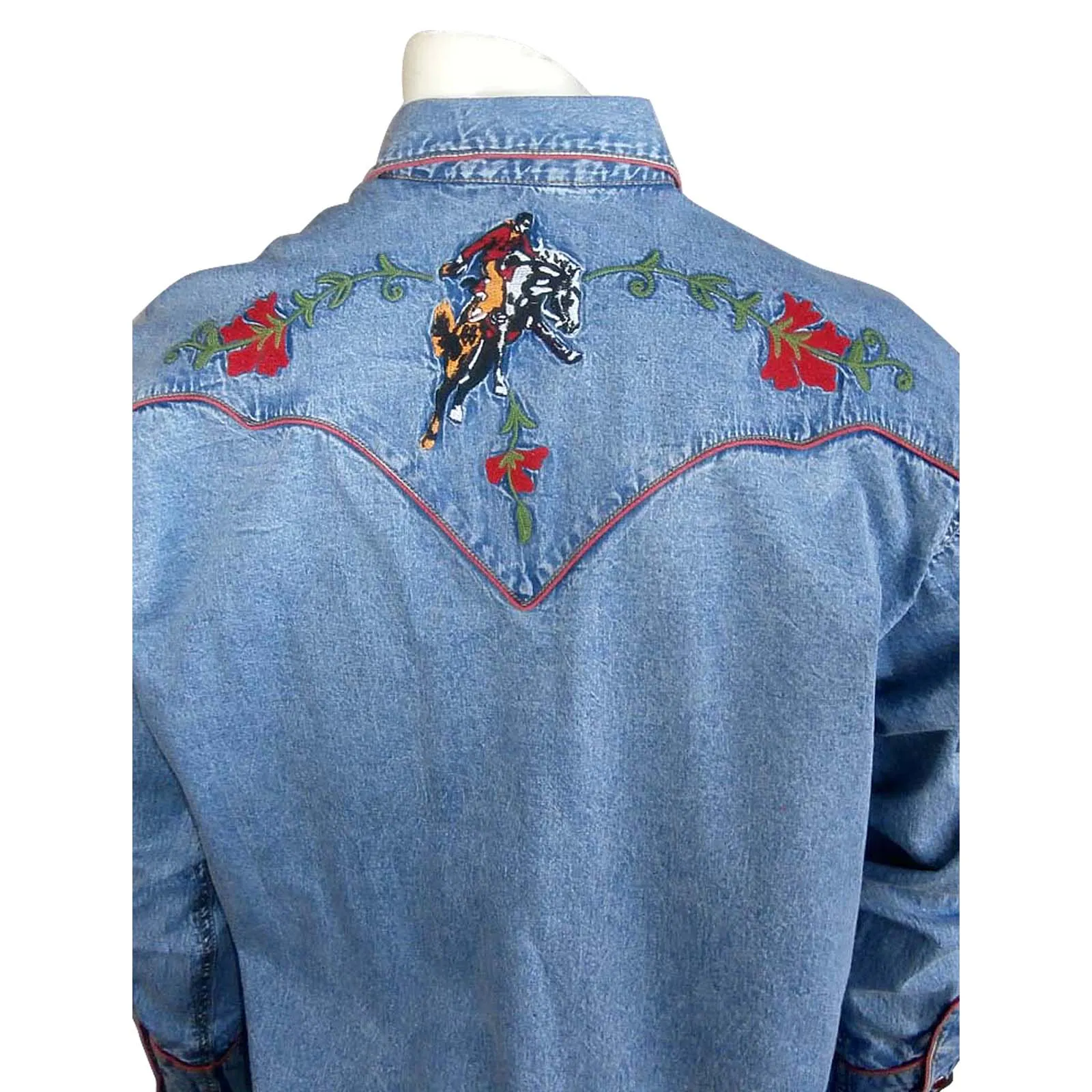 Men's Vintage Western Shirt Collection: Rockmount Embroidered Bronc Denim