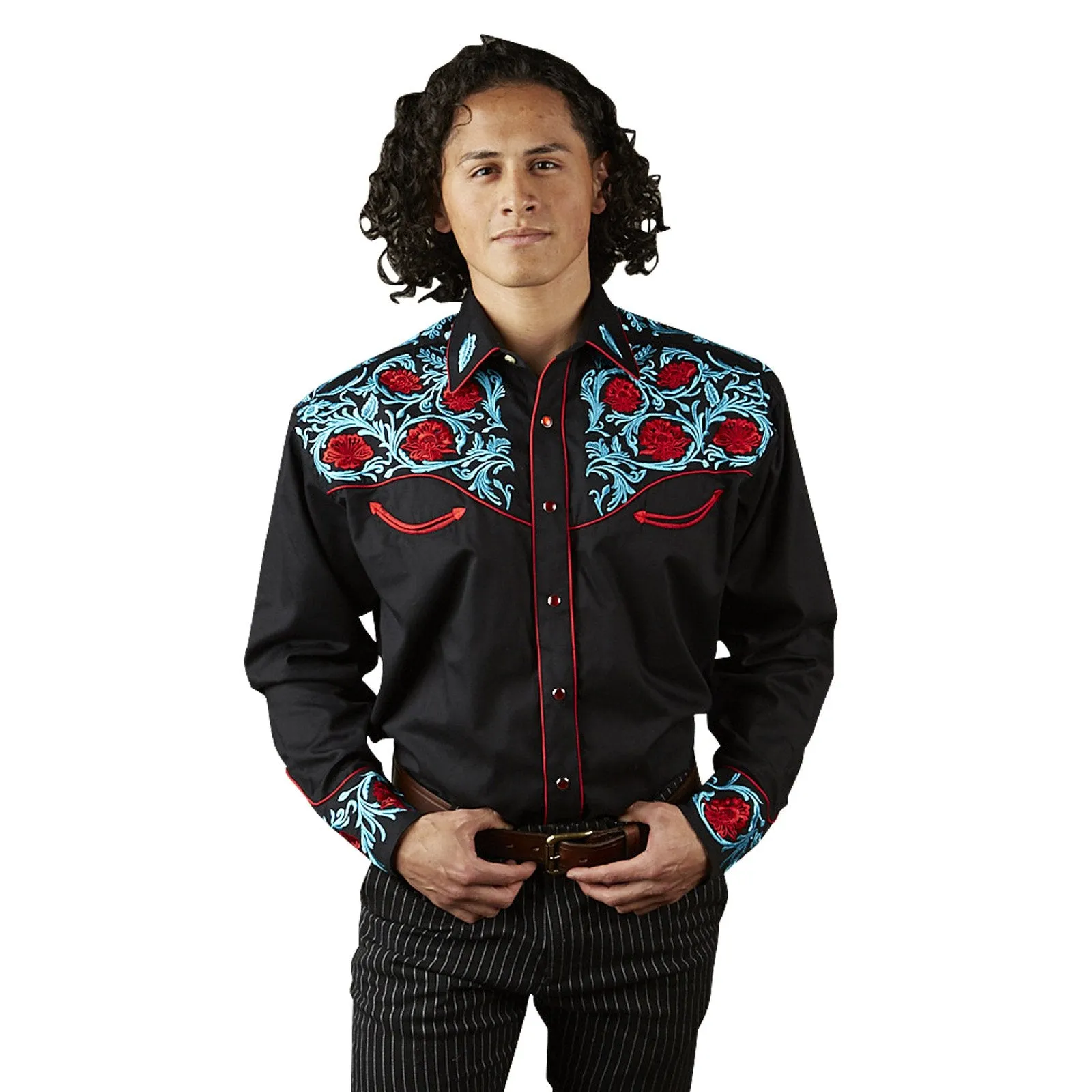 Men's Vintage Western Shirt Collection: Rockmount Fancy Red Floral on Black