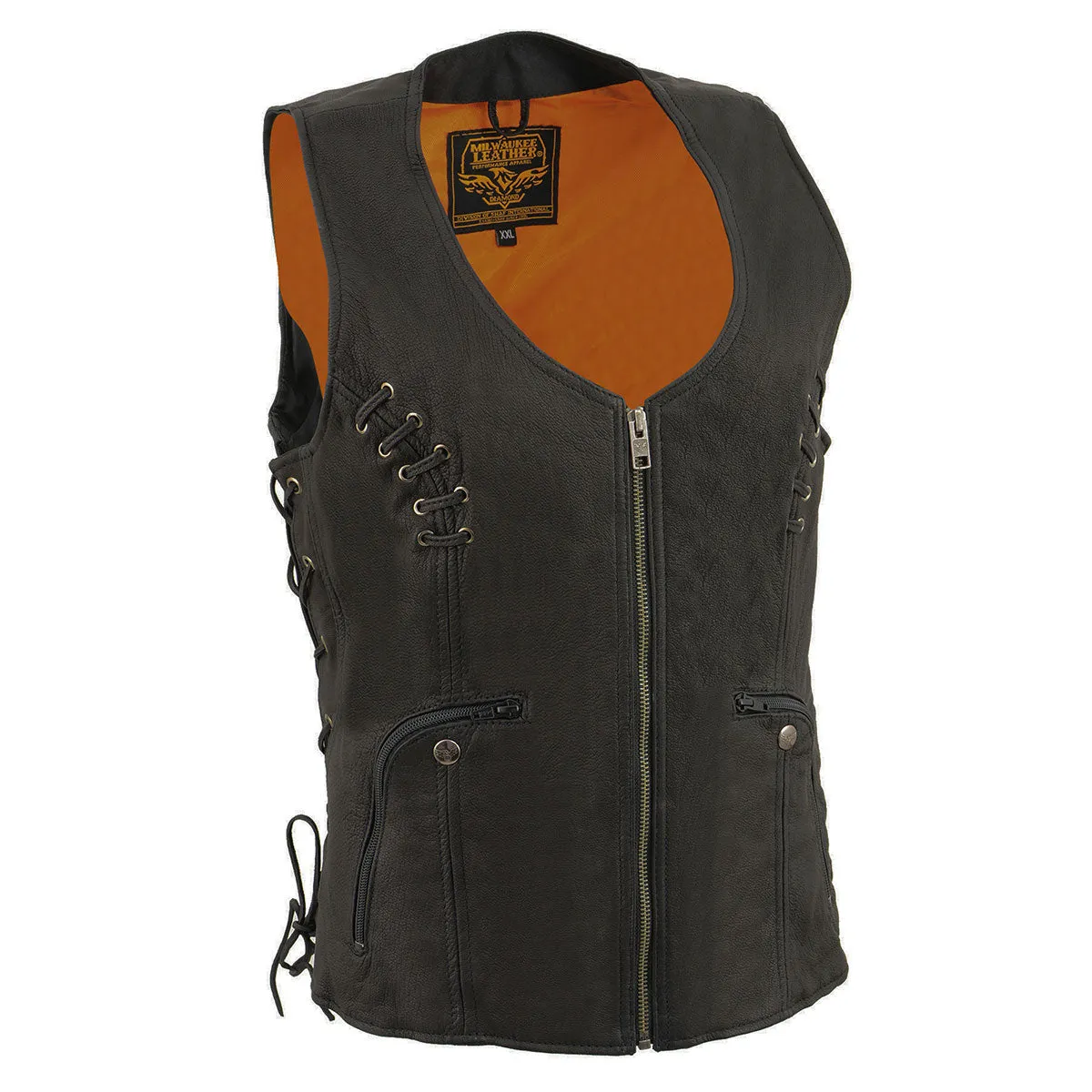 MLL4575 Women's Black Leather Side Lace Multiple Pockets Round V-Neck Motorcycle Rider Vest