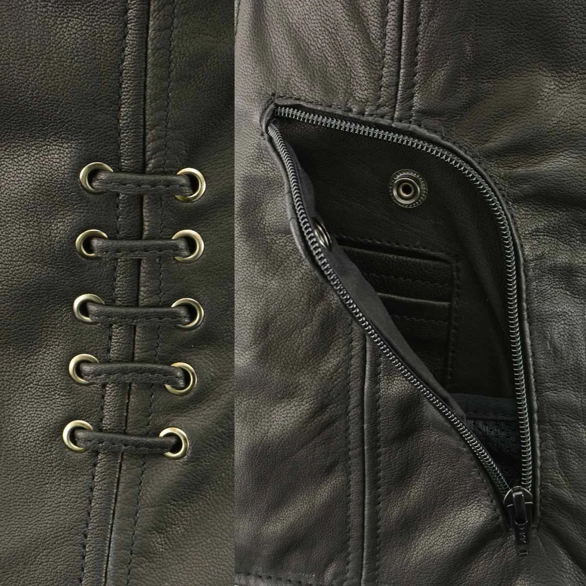 MLL4575 Women's Black Leather Side Lace Multiple Pockets Round V-Neck Motorcycle Rider Vest
