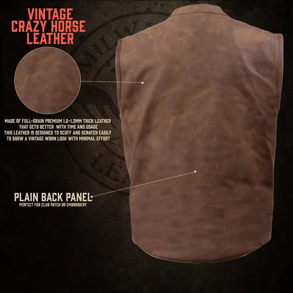 MLM3519 Men's “Gambler” Crazy Horse Brown Vintage Leather Vest - Club Style Motorcycle Rider Vest