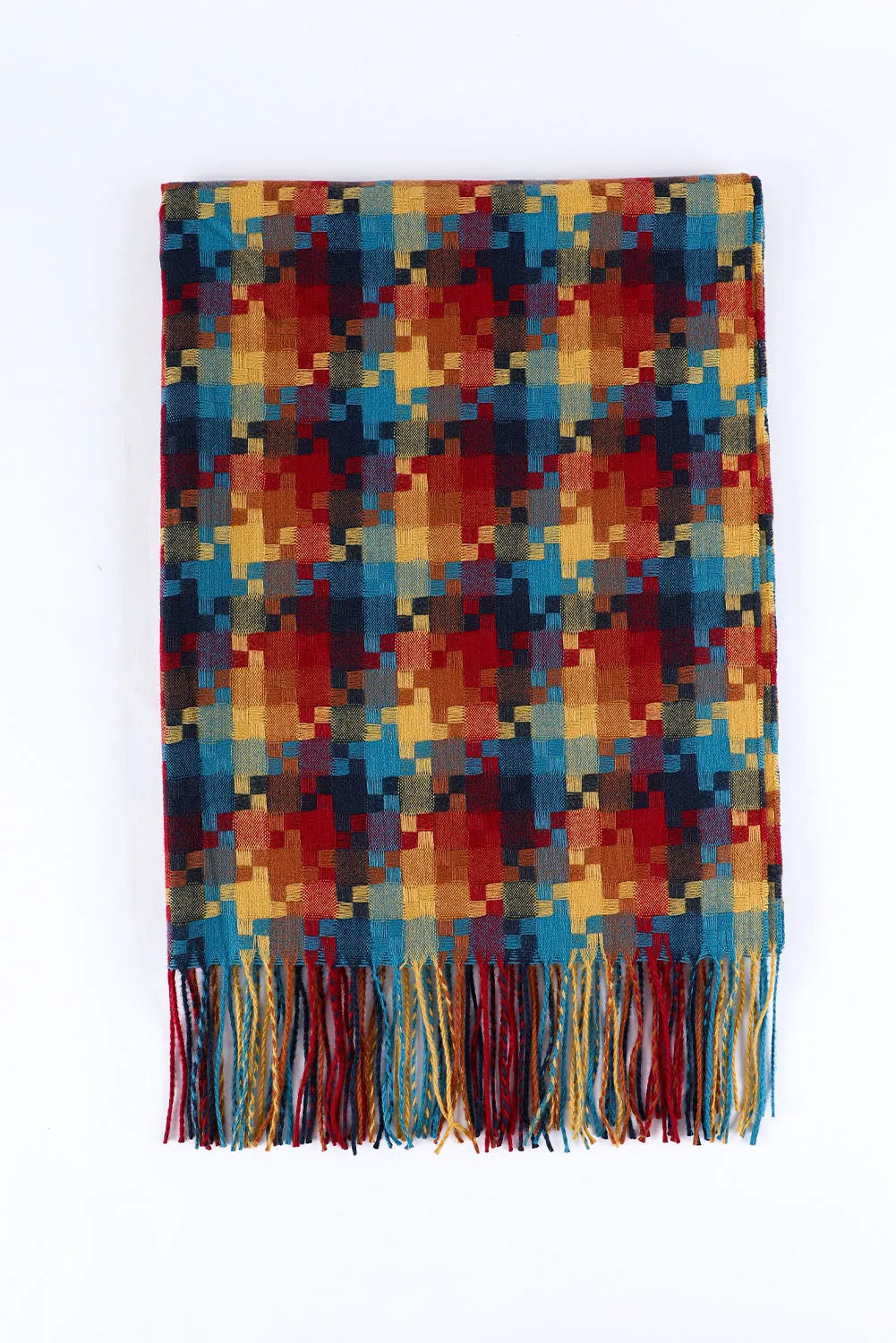 Multicolor Plaid Printed Fringed Hem Scarf