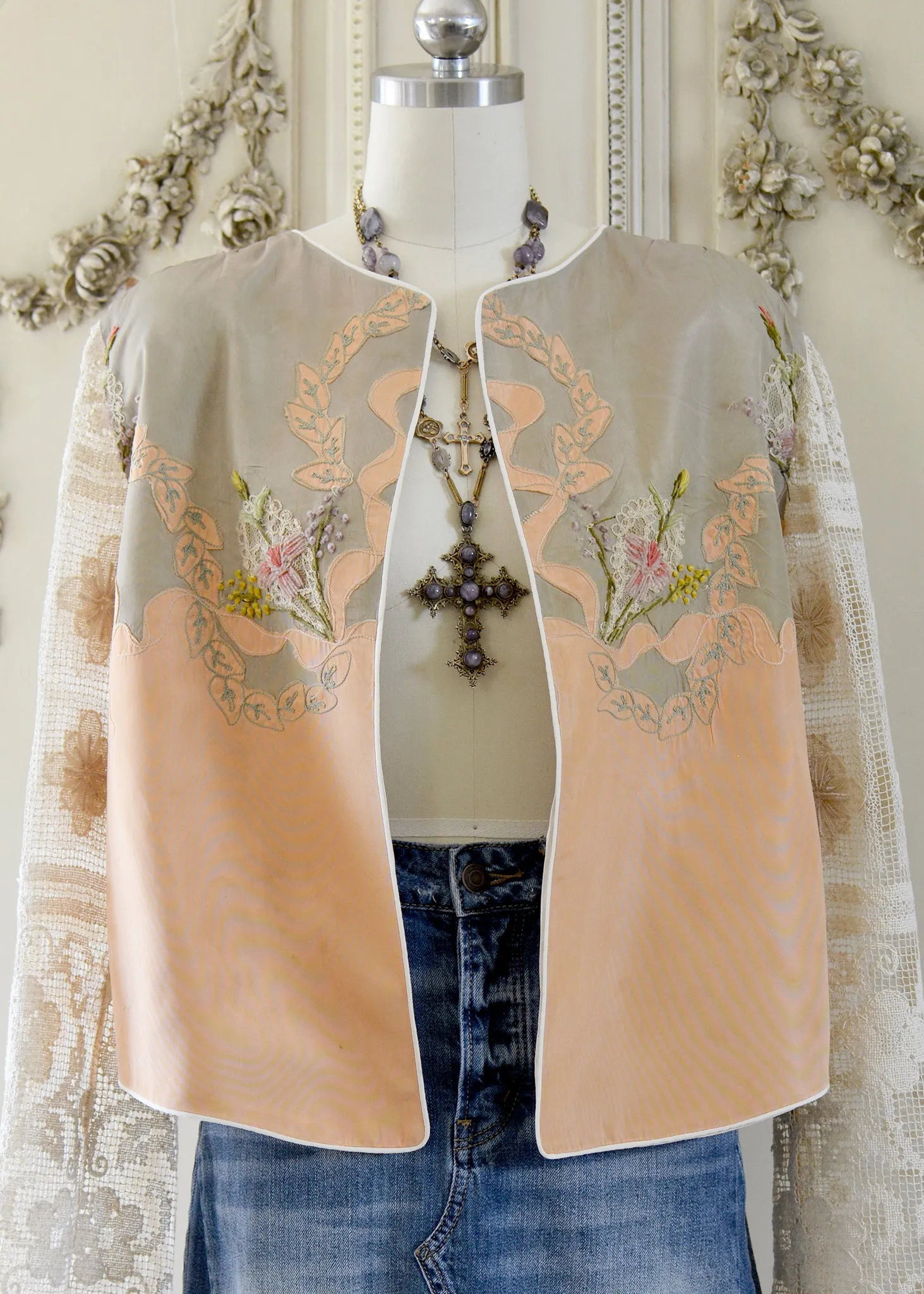 Natalie Antique Hand Embroidered Silk Ribbon Work Jacket with Filet Lace Sleeves