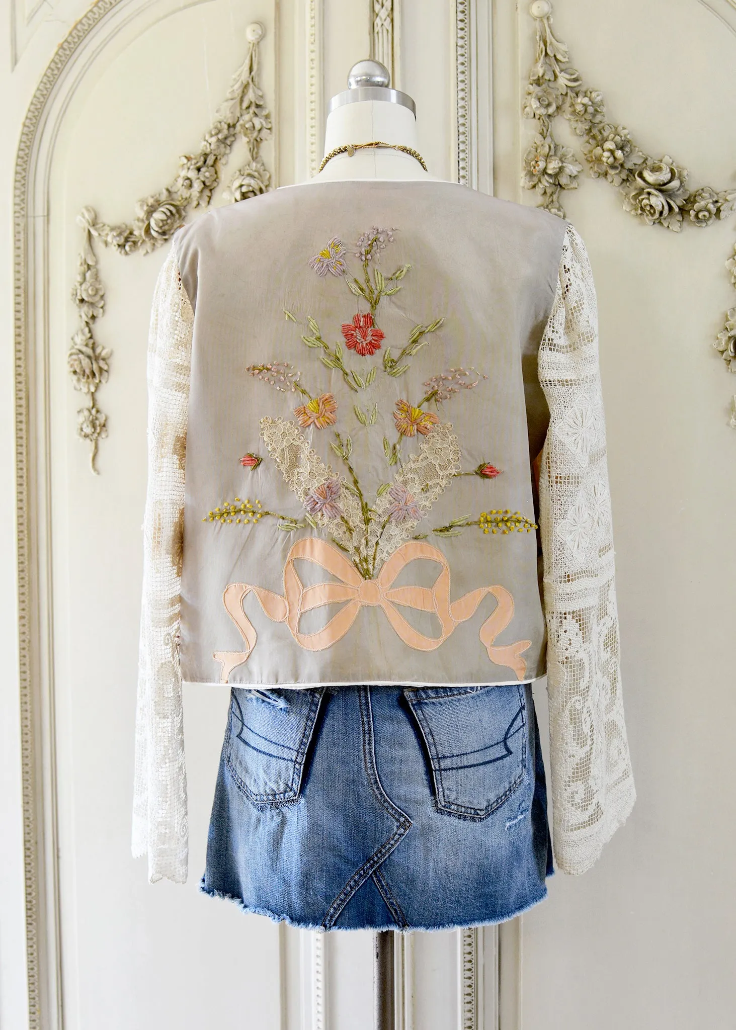 Natalie Antique Hand Embroidered Silk Ribbon Work Jacket with Filet Lace Sleeves