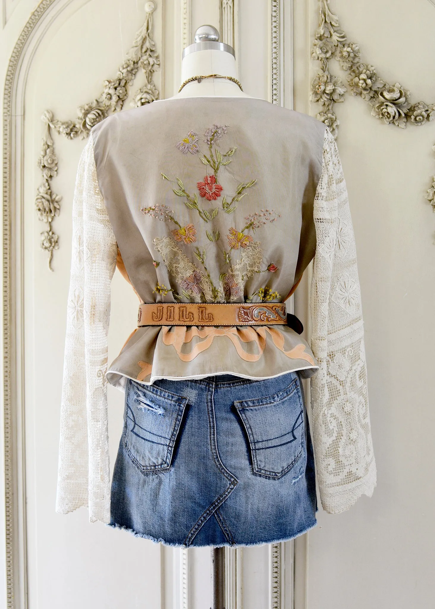 Natalie Antique Hand Embroidered Silk Ribbon Work Jacket with Filet Lace Sleeves