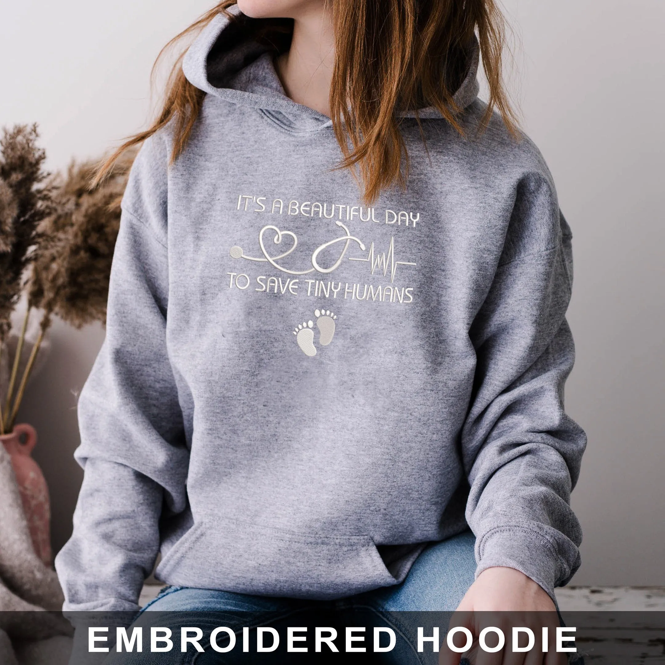 Nursing Save Tiny Humans Embroidered Hoodie, Sweatshirt
