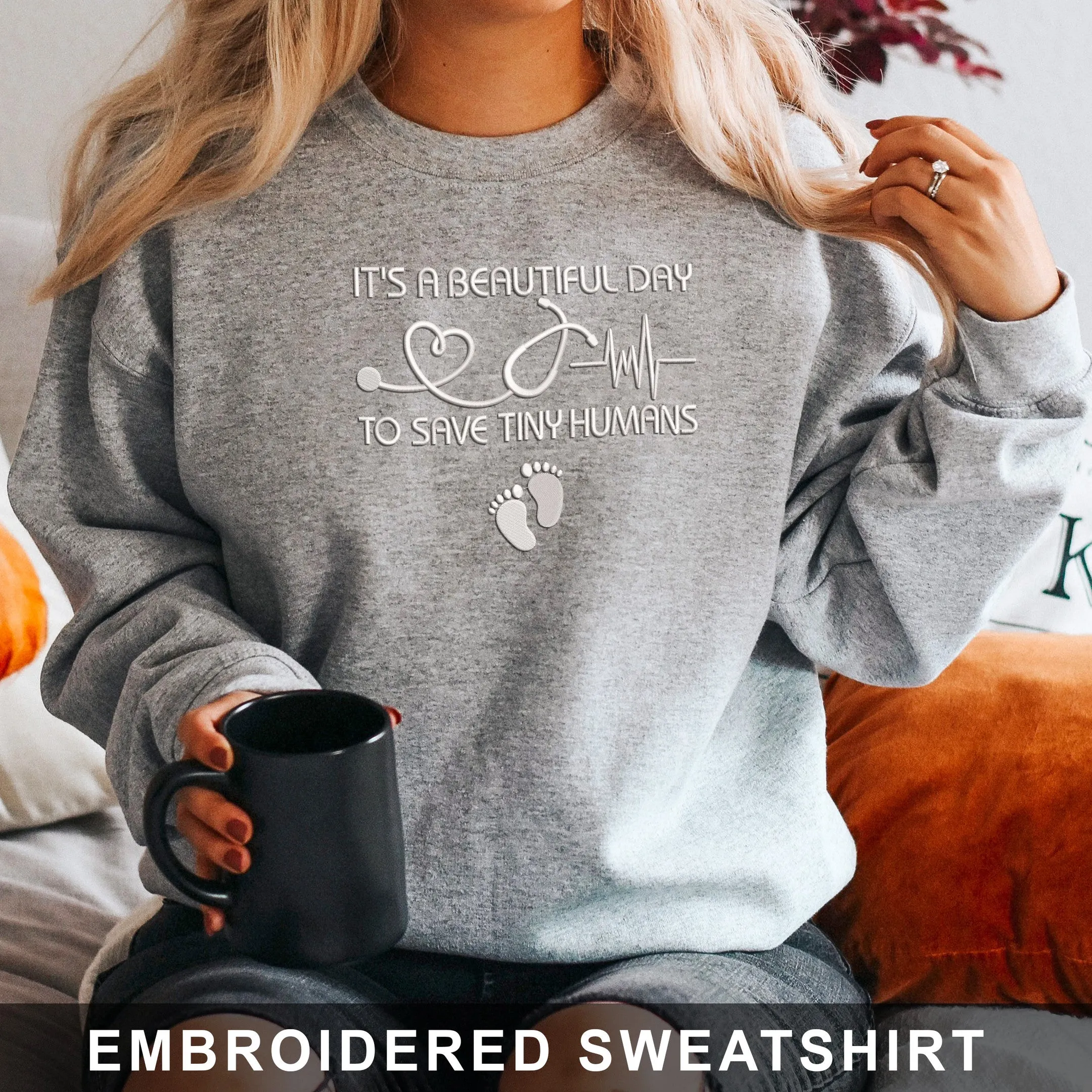 Nursing Save Tiny Humans Embroidered Hoodie, Sweatshirt