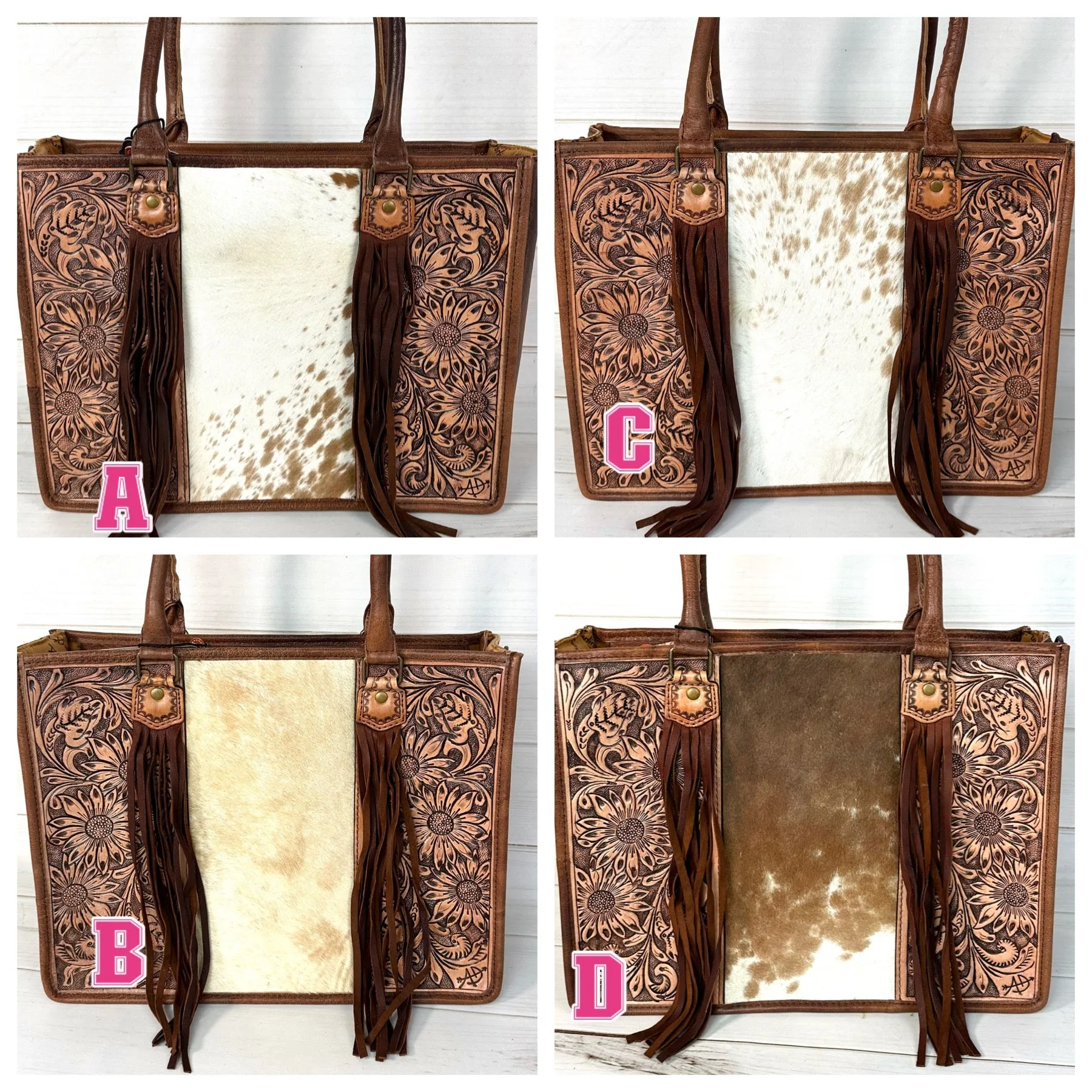 Prescott Light Brown Pattern Hide Tote with Leather Tooled Sunflowers