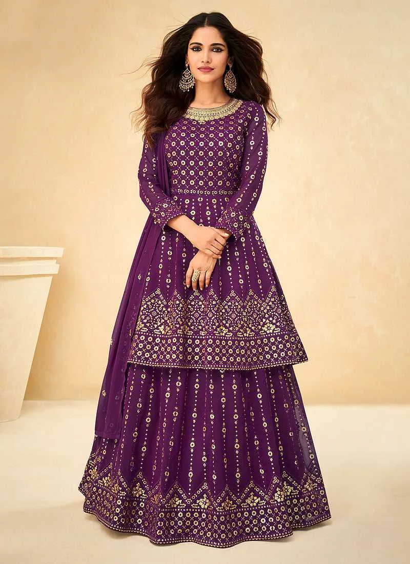 Purple and Gold Sequin Embroidered Indo Western Lehenga