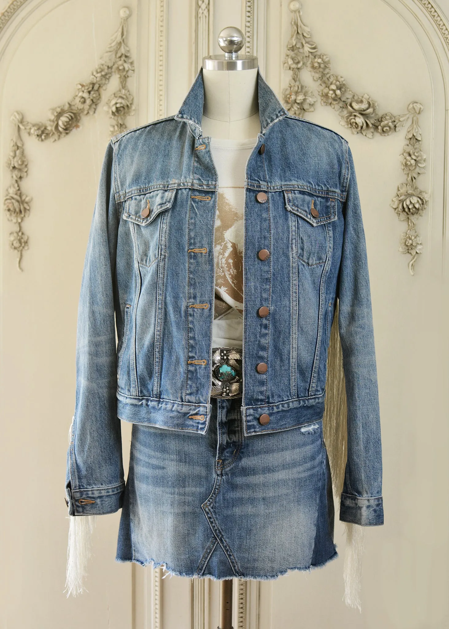 Reese Vintage Denim Cowgirl Rancher Jacket with Antique Silk Fringes