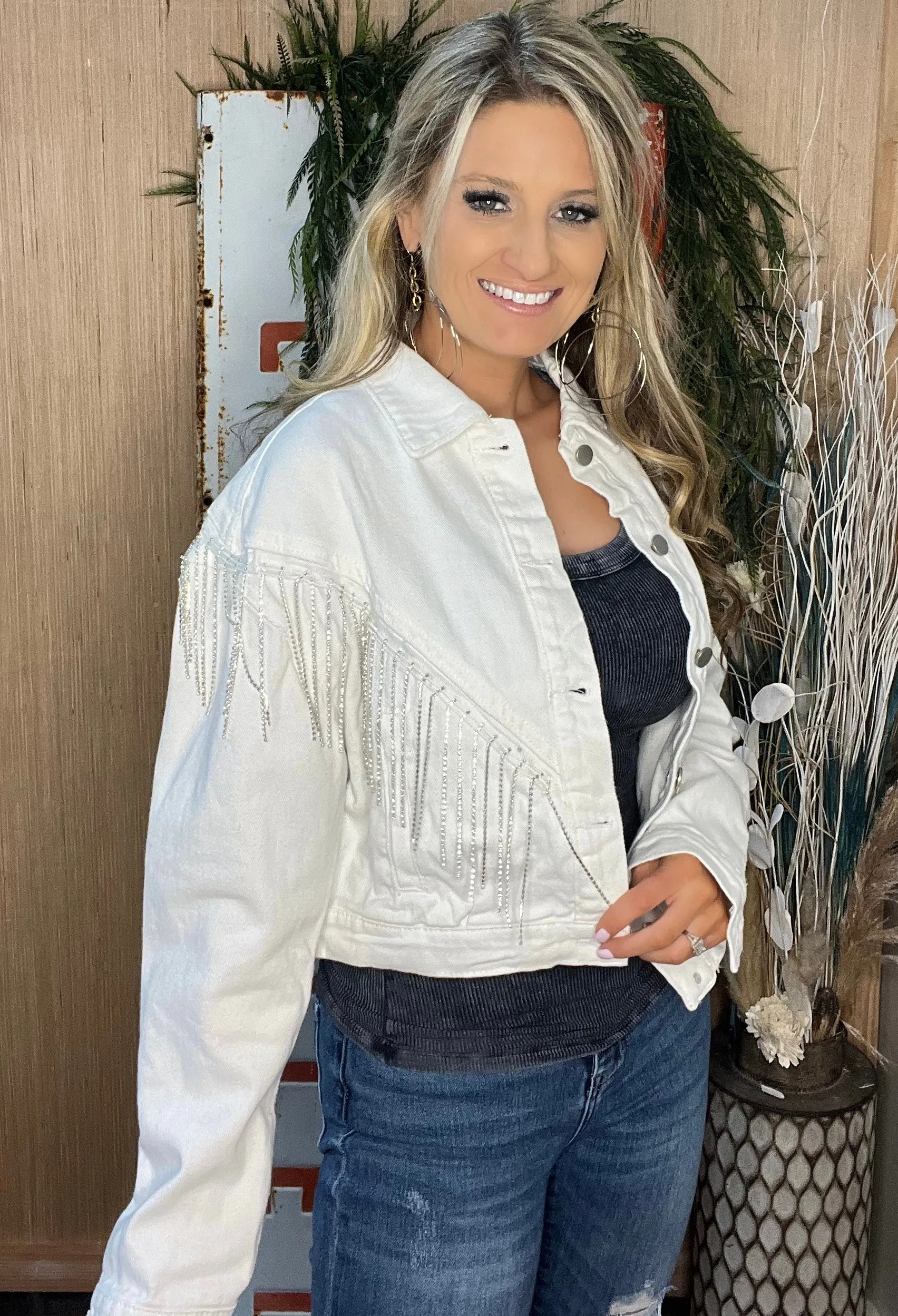 Rhinestone Denim Jacket - White