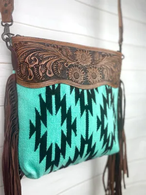 SALE! Bright Turquoise and Black Wool Woven Crossbody Handbag