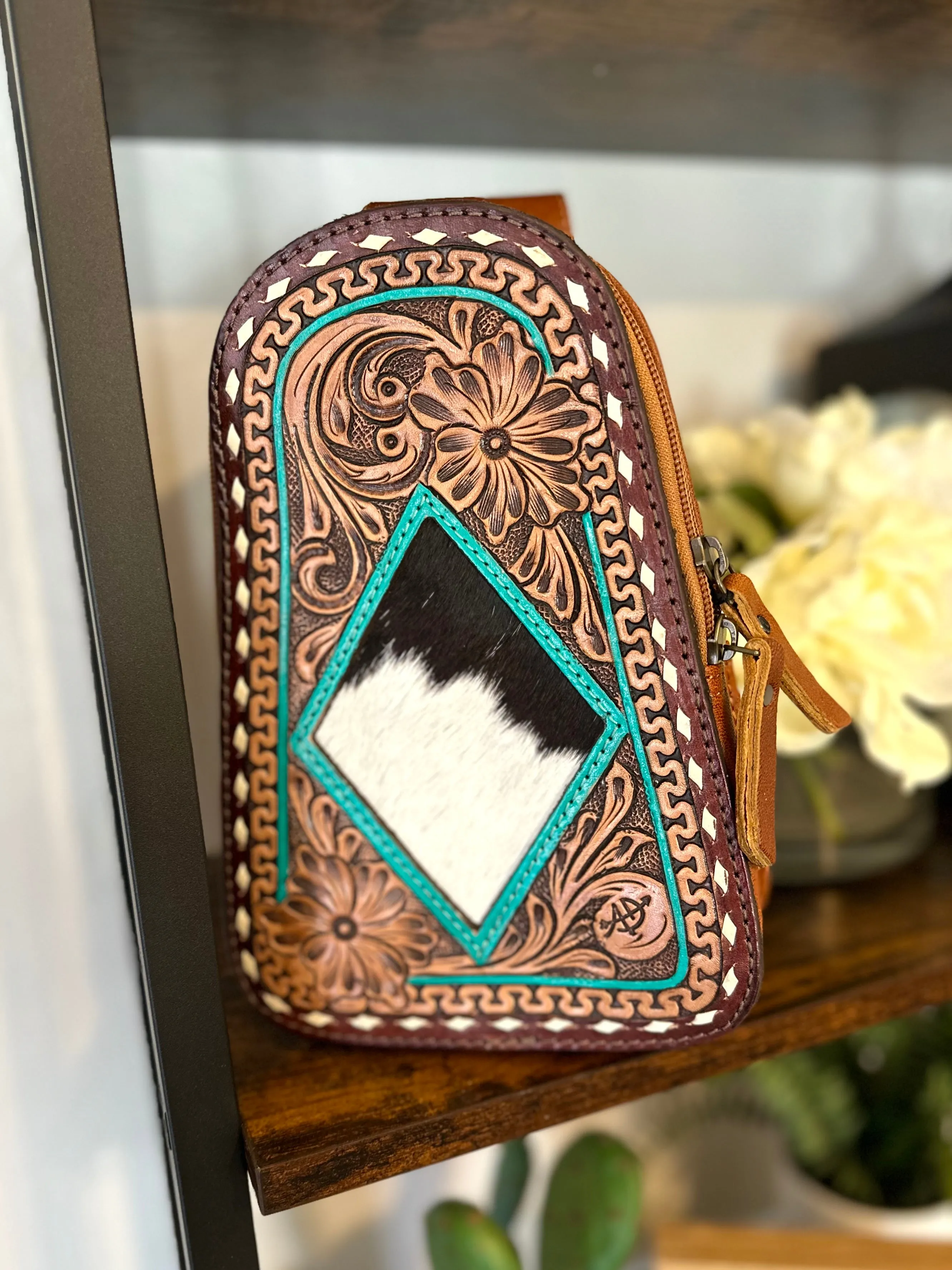 Small Leather Tooled Western Sling Bag
