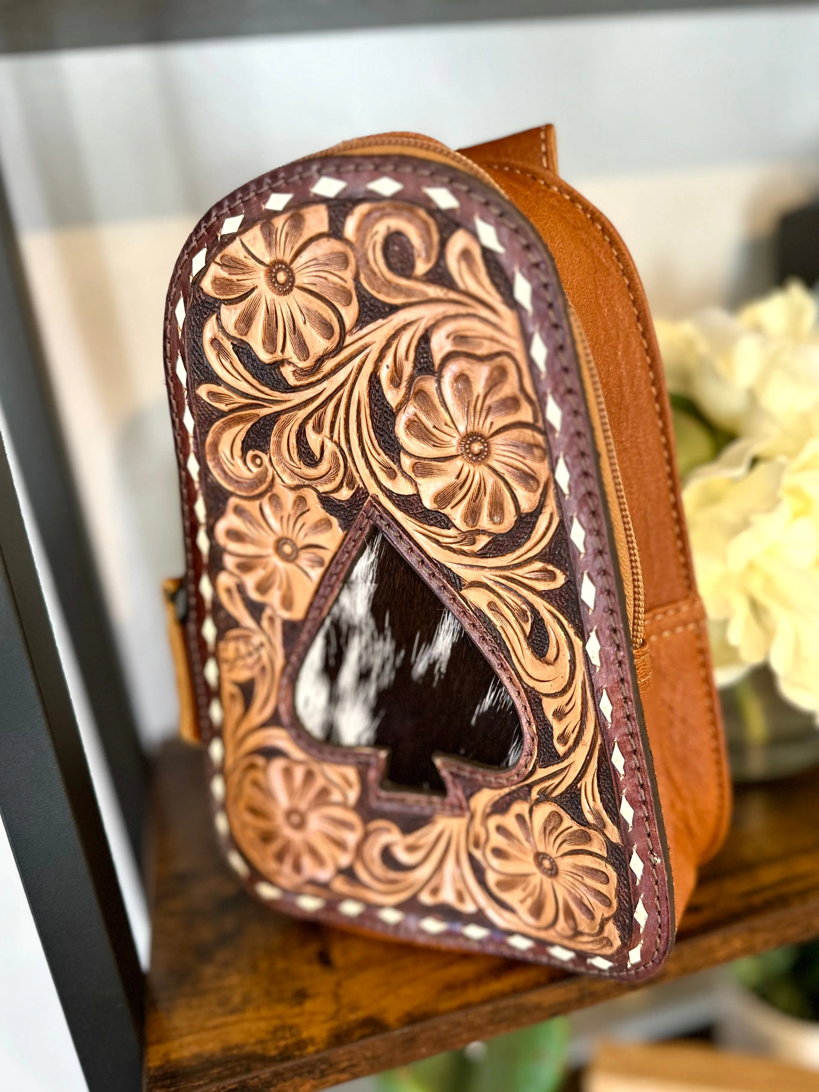 Small Leather Tooled Western Sling Bag