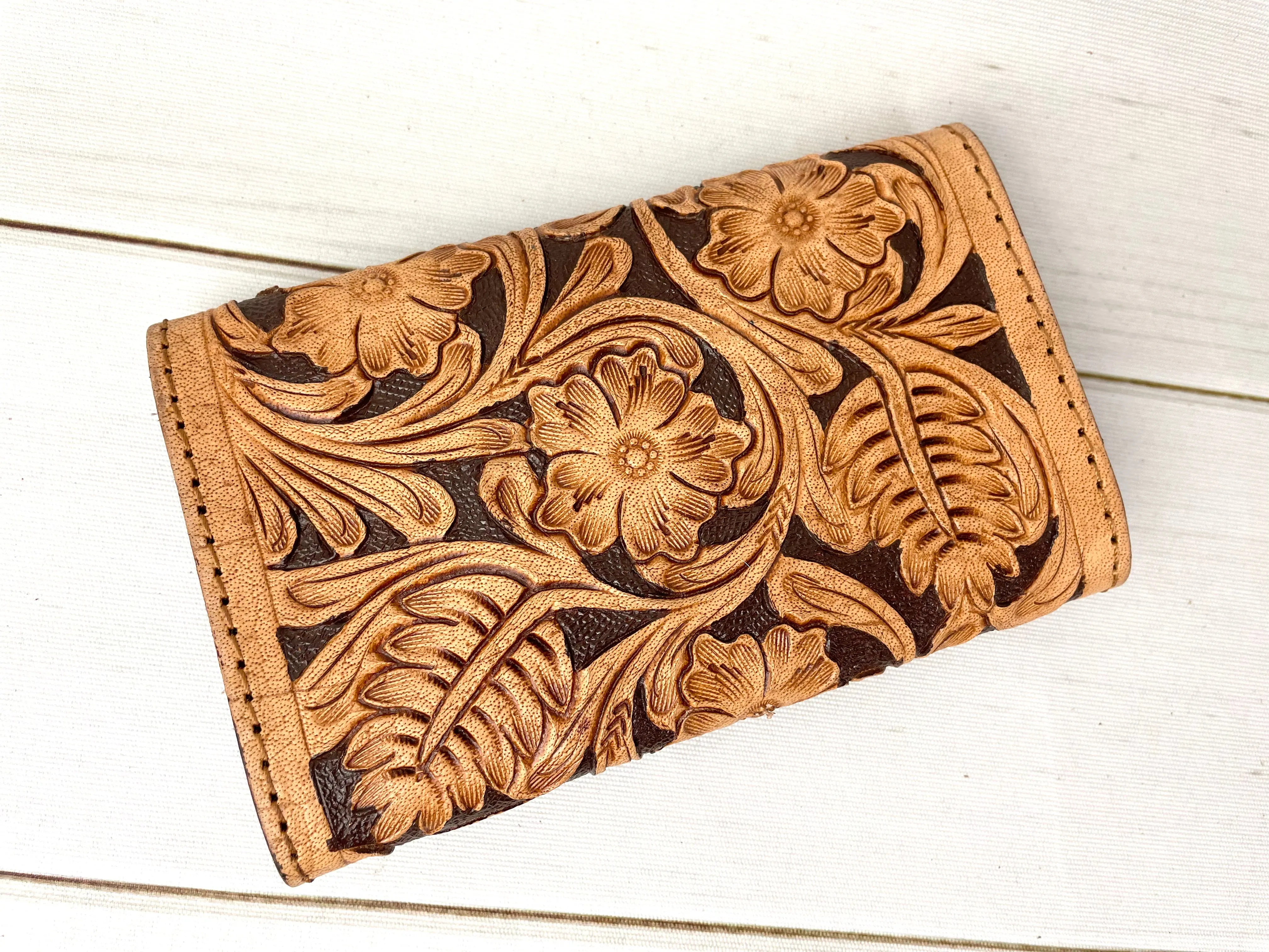 Tan & Black Floral Tooled Small Leather Wallet
