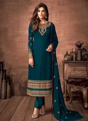 Teal and Gold Embroidered Straight Pant Style Suit