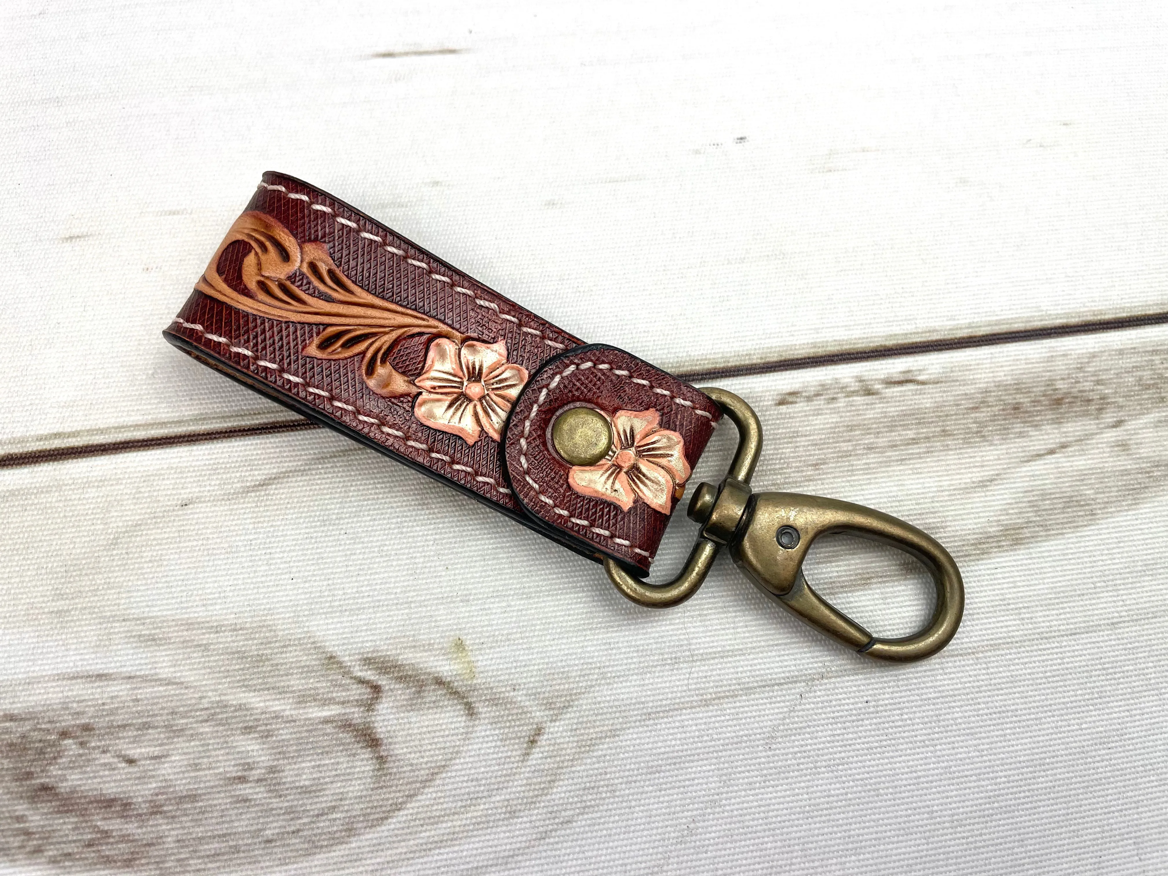 Tooled Leather Tab Key Fob