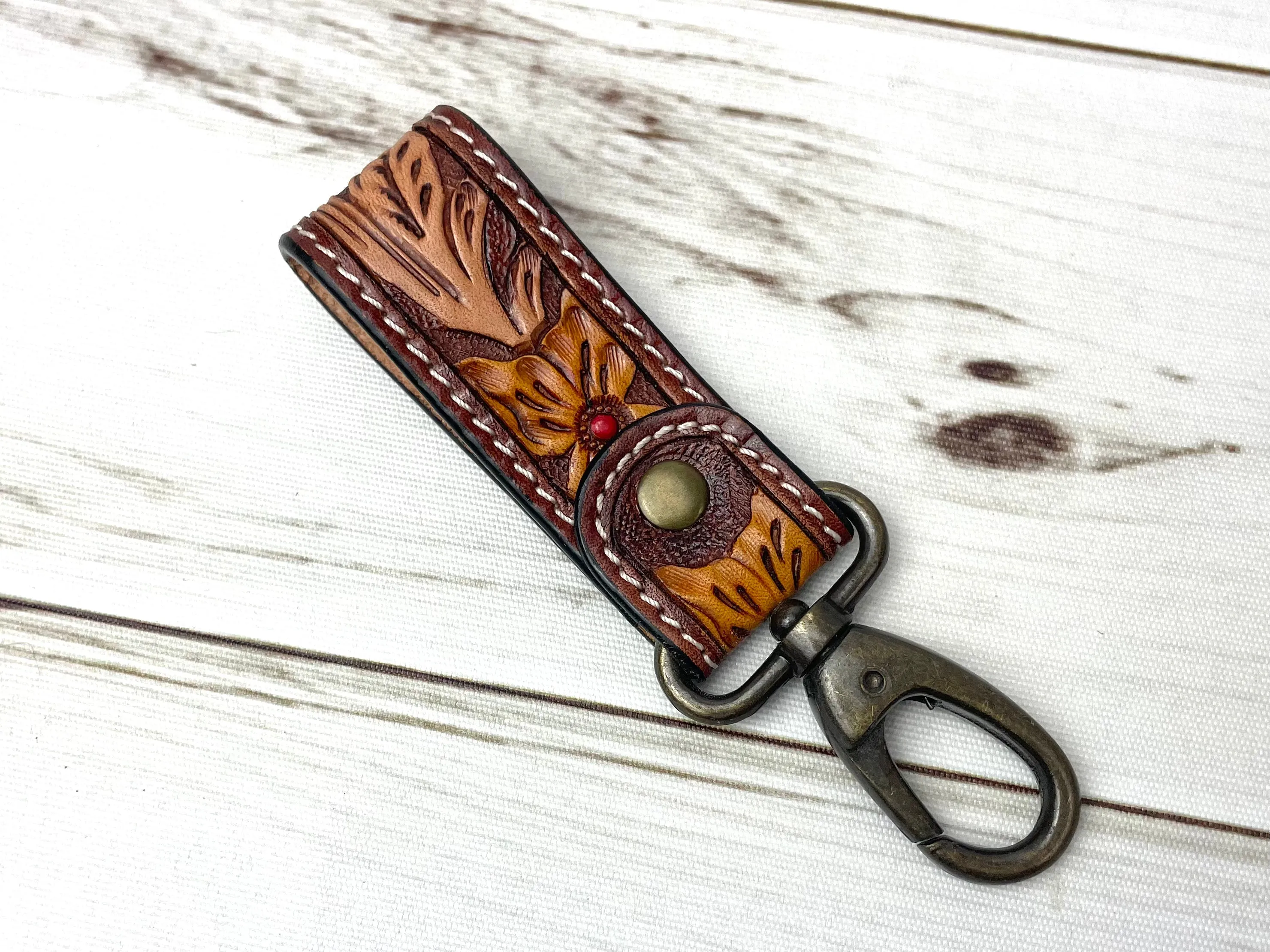 Tooled Leather Tab Key Fob