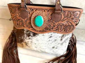 Tooled Turquoise Hide Fringe Tote
