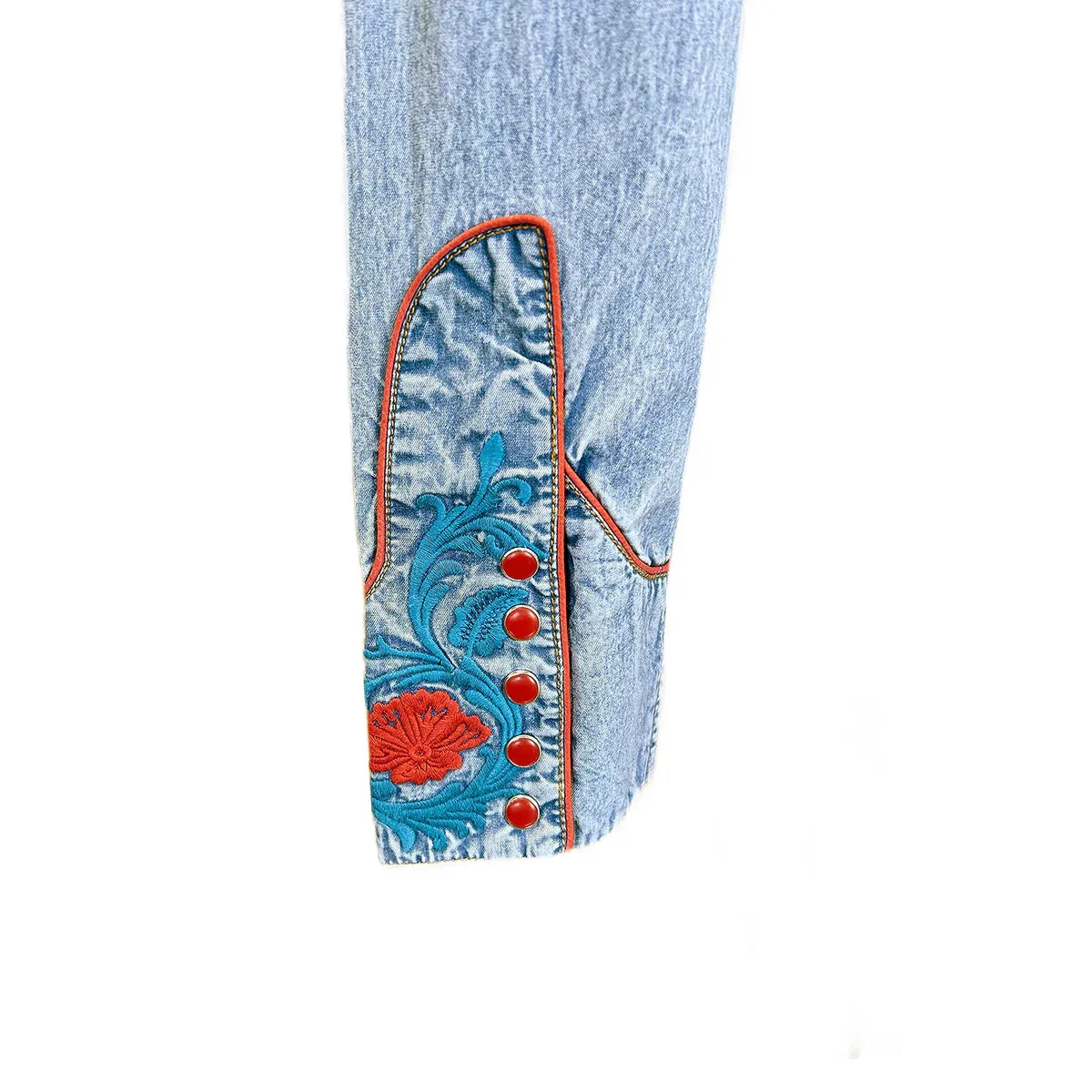Women's Vintage Western Shirt Collection: Rockmount Fancy Floral Blue Red Embroidery Denim