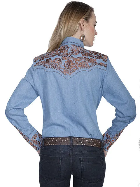 Women's Vintage Western Shirt Collection: Scully Gunfighter Denim Blue & Rust
